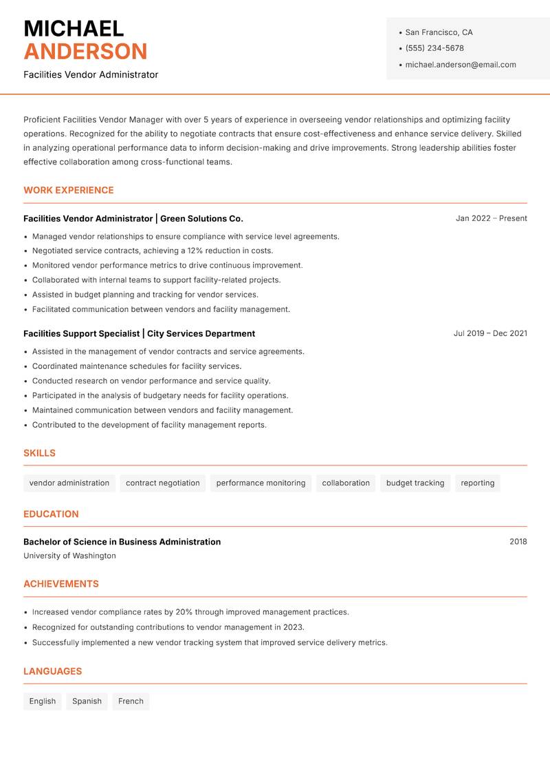 Facilities Vendor Manager resume template — Modern Professional