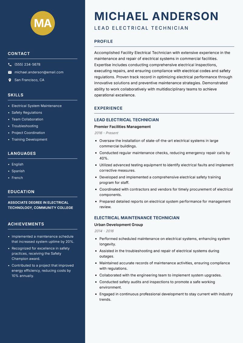 Facility Electrical Technician resume template — Classic Clean