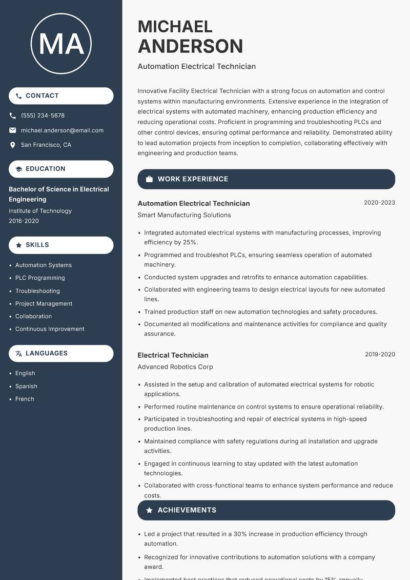 Facility Electrical Technician resume template — Compact