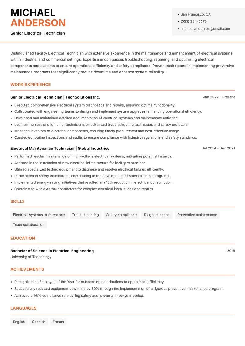 Facility Electrical Technician resume template — Modern Professional