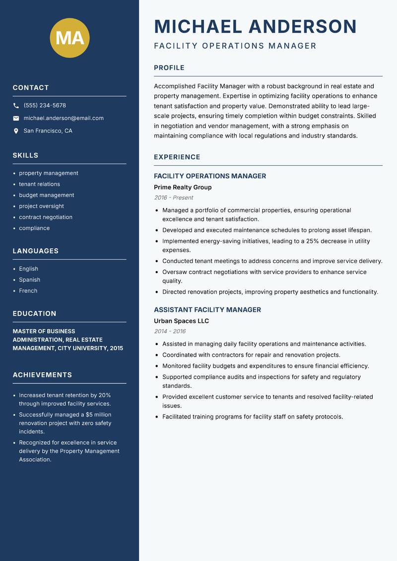 Facility Manager resume template — Classic Clean