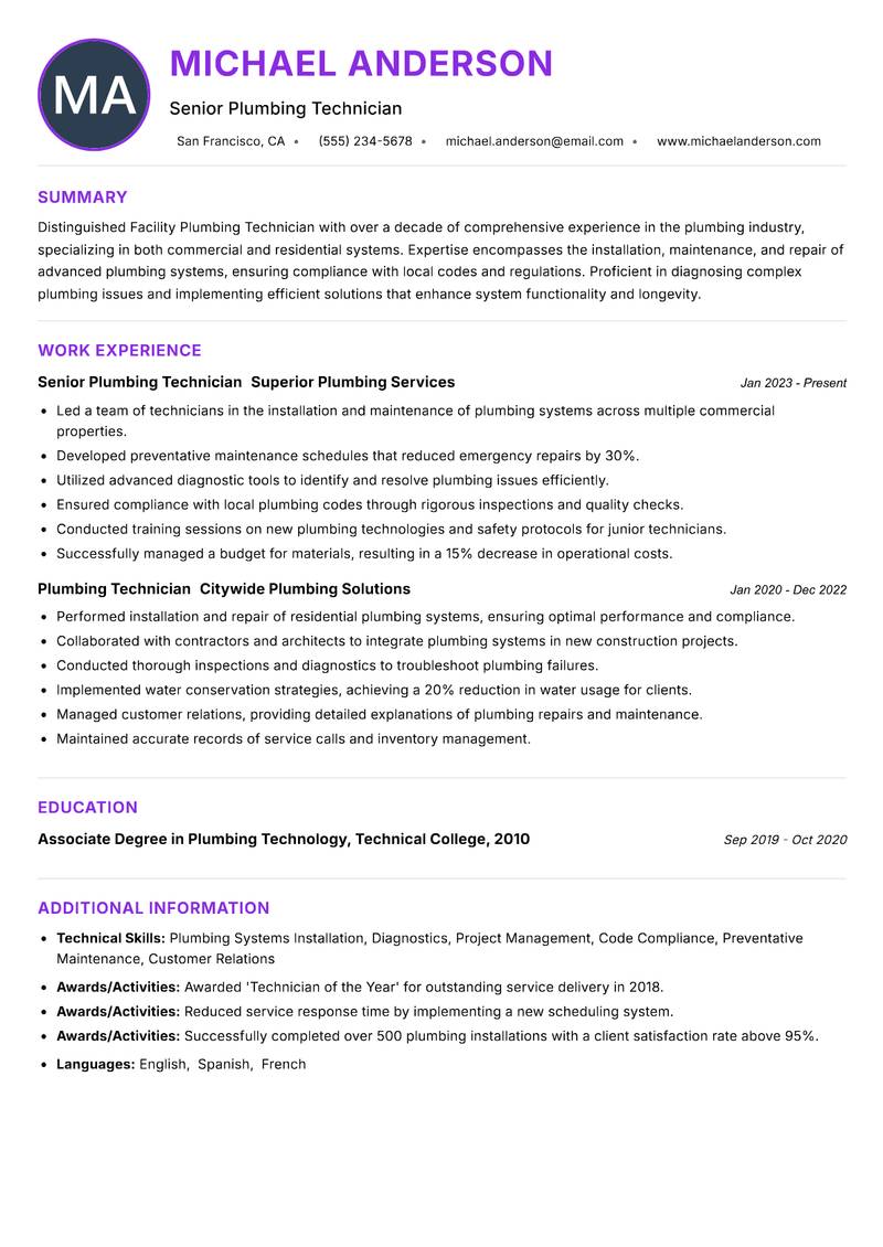 Facility Plumbing Technician resume example — ATS-friendly template