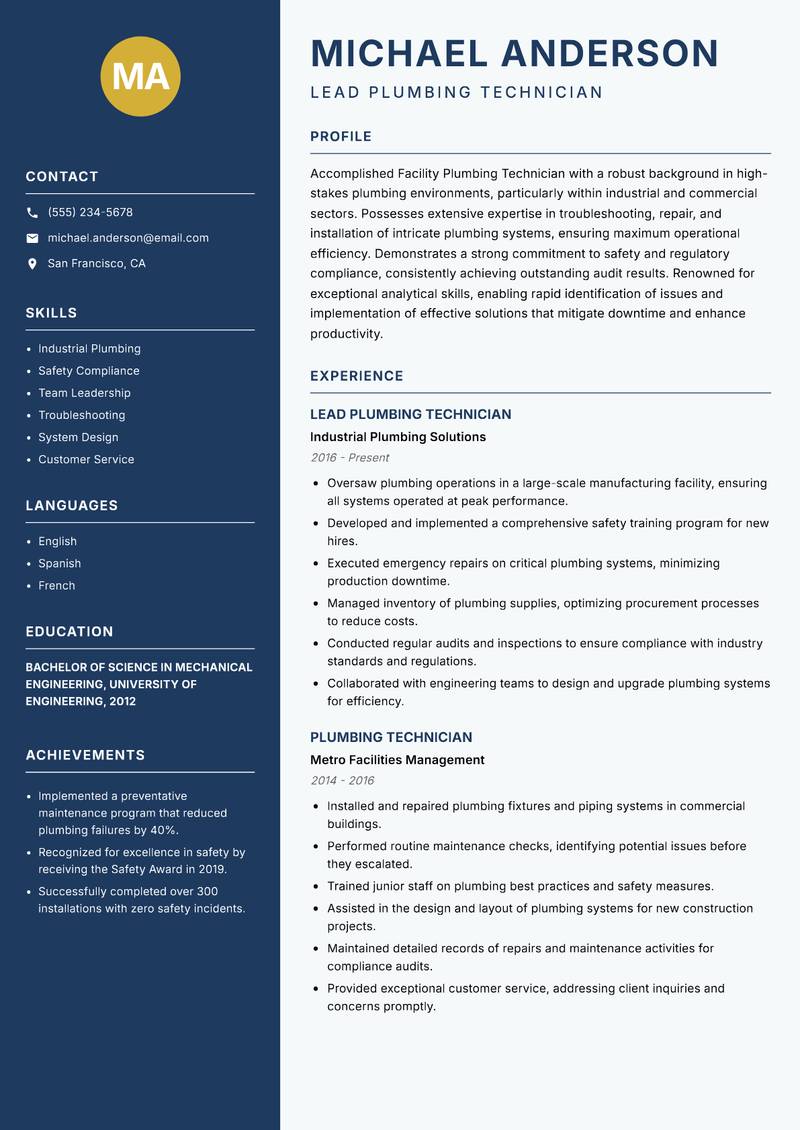 Facility Plumbing Technician resume template — Classic Clean