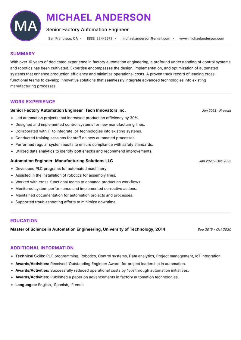 Factory Automation Engineer resume example — ATS-friendly template