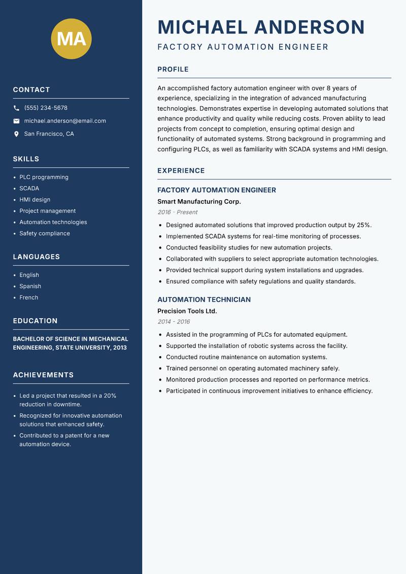 Factory Automation Engineer resume template — Classic Clean