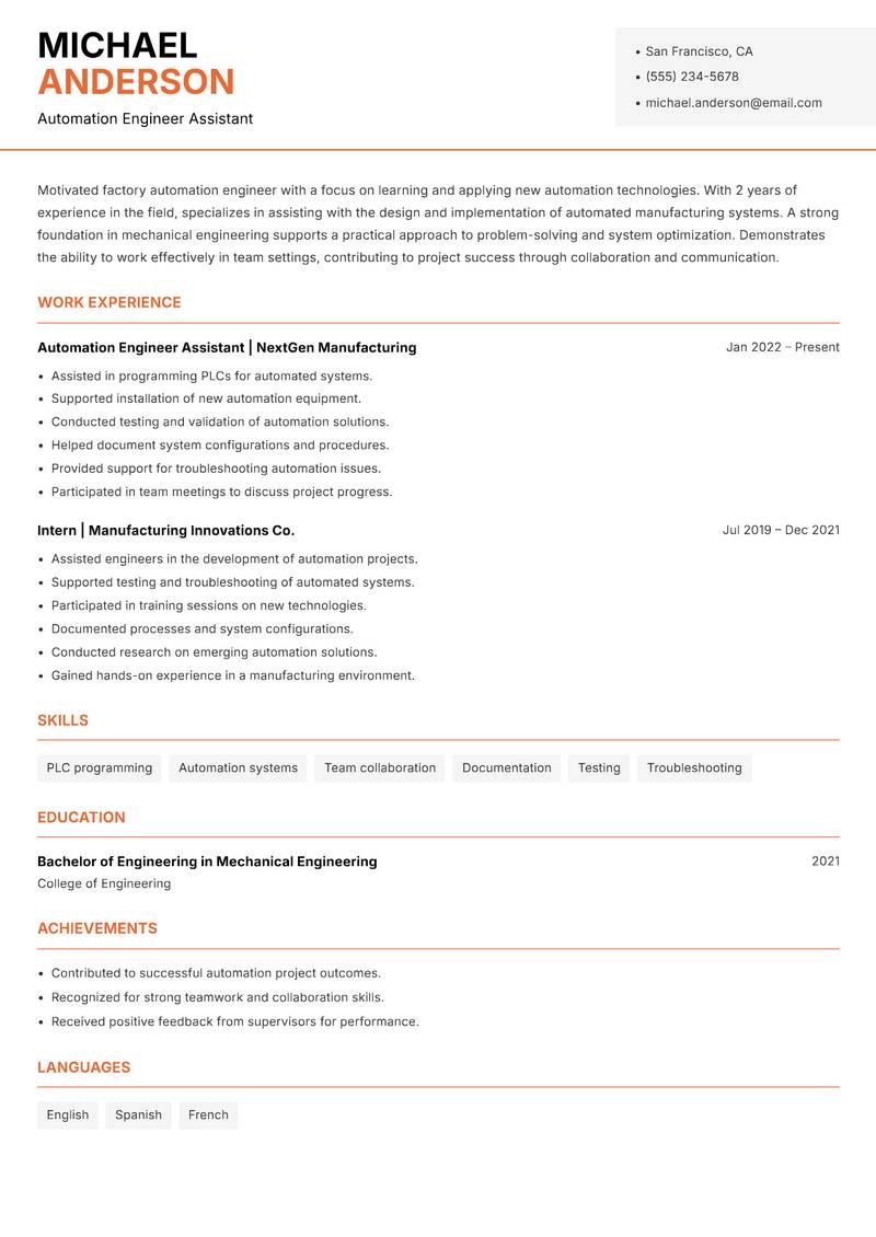 Factory Automation Engineer resume template — Modern Professional