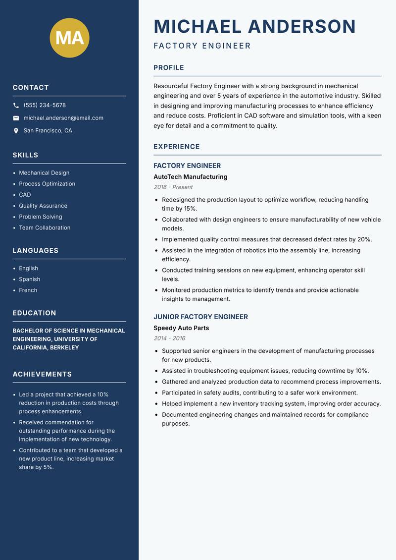 Factory Engineer resume template — Classic Clean