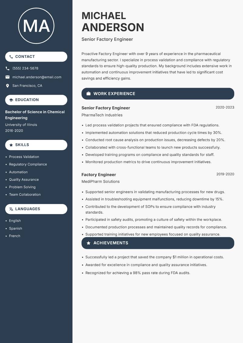 Factory Engineer resume template — Compact