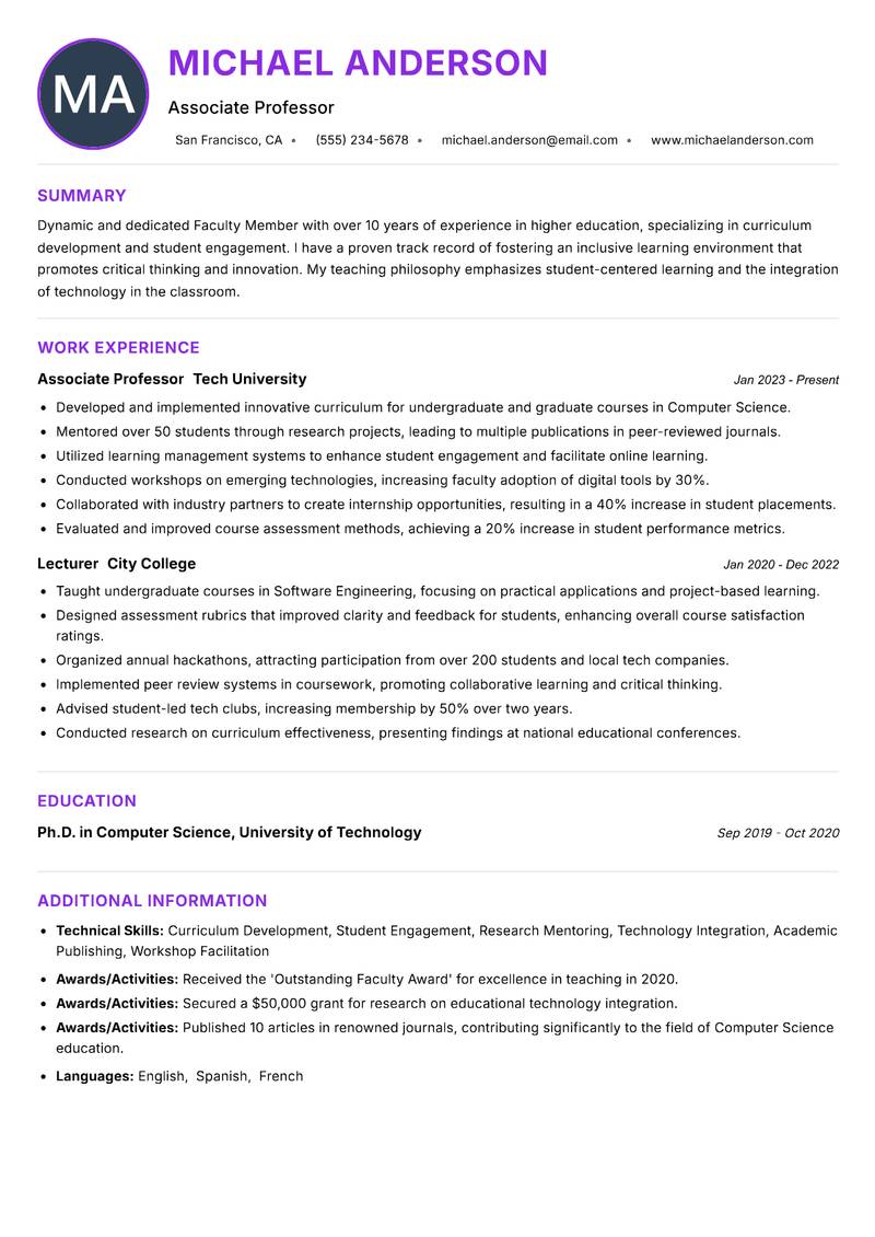 Faculty Member resume example — ATS-friendly template