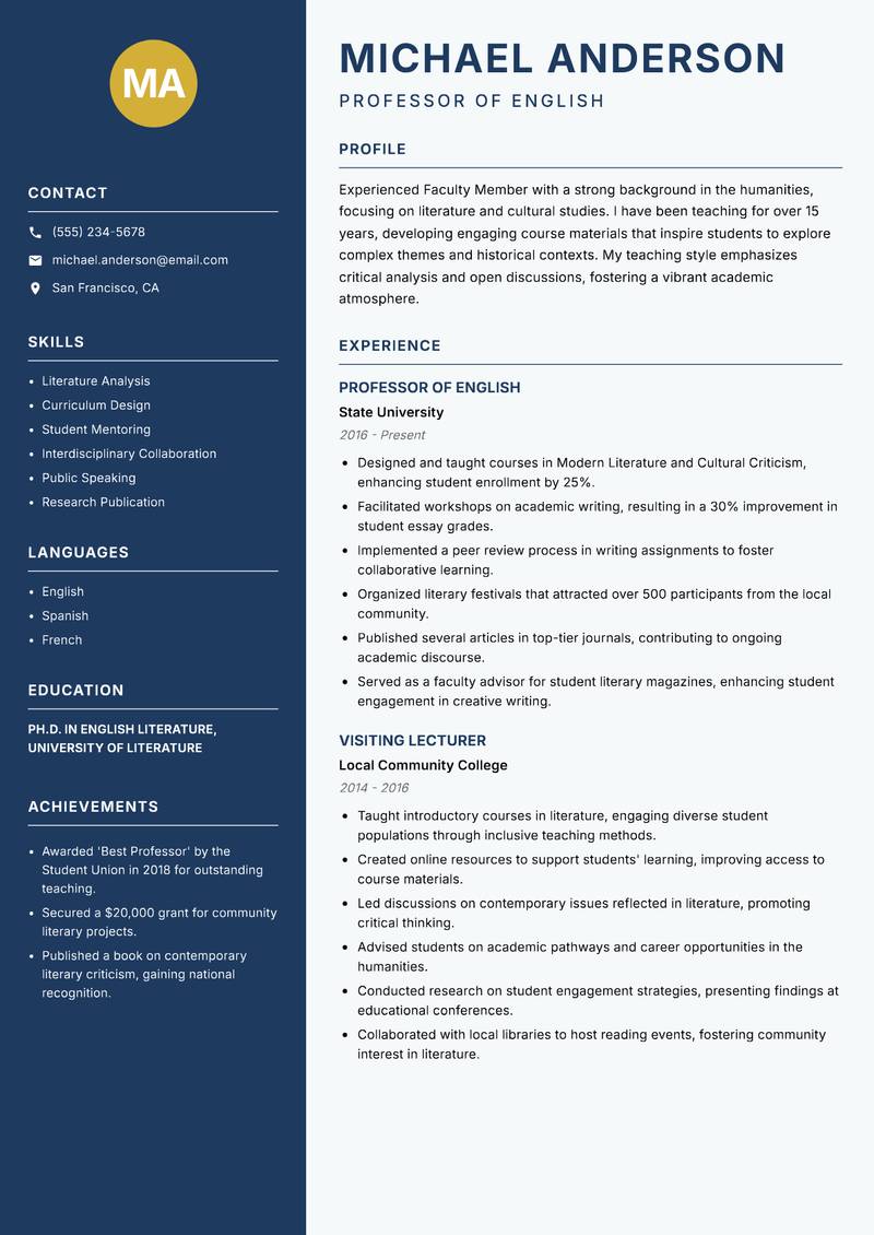 Faculty Member resume template — Classic Clean