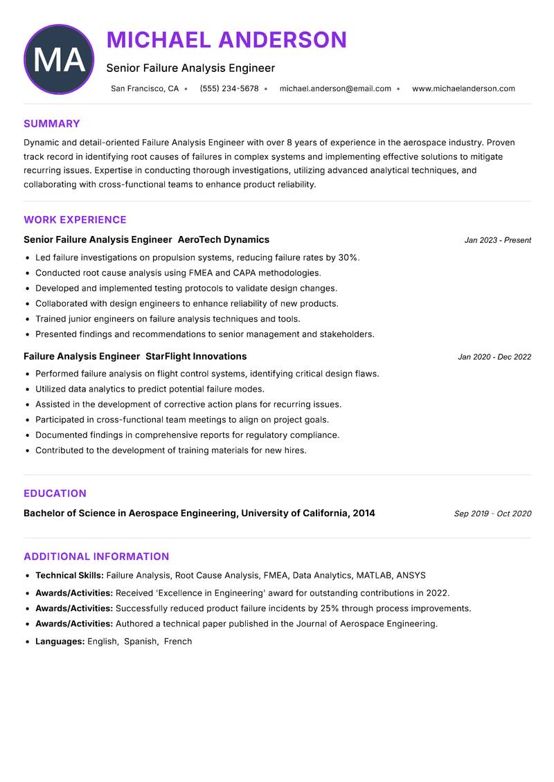Failure Analysis Engineer resume example — ATS-friendly template