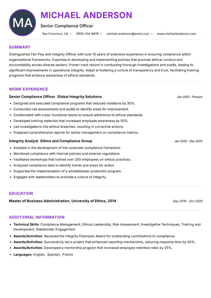 Fair Play and Integrity Officer resume example — ATS-friendly template