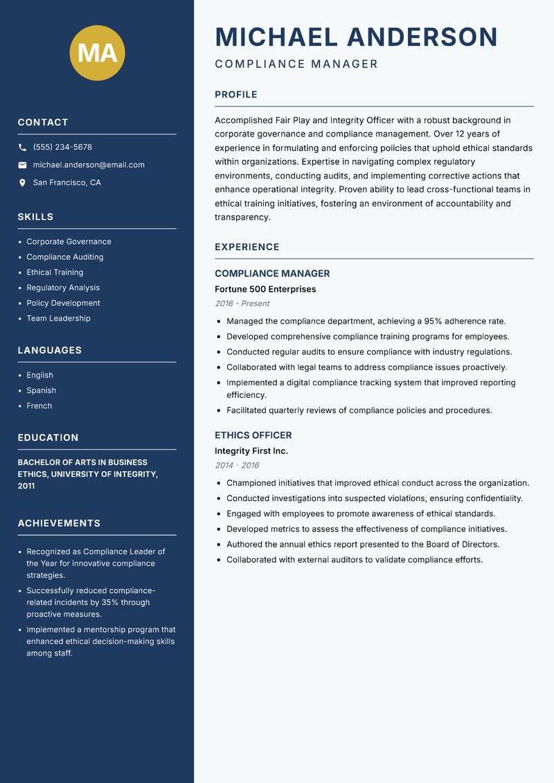 Fair Play and Integrity Officer resume template — Classic Clean
