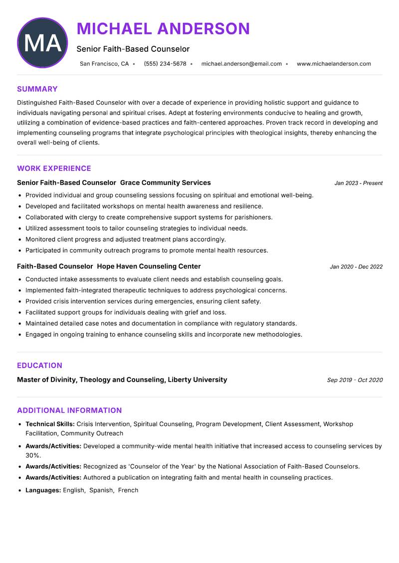 Faith-Based Counselor resume example — ATS-friendly template