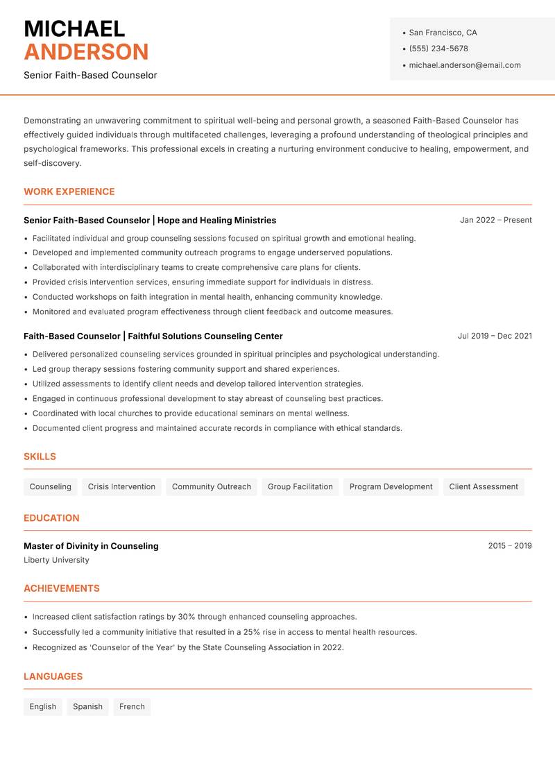 Faith-Based Counselor resume template — Modern Professional