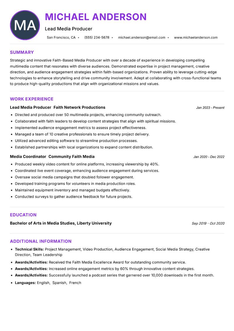 Faith-Based Media Producer resume example — ATS-friendly template