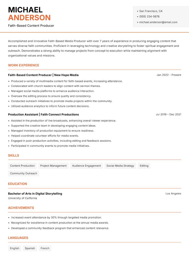 Faith-Based Media Producer resume template — Modern Professional