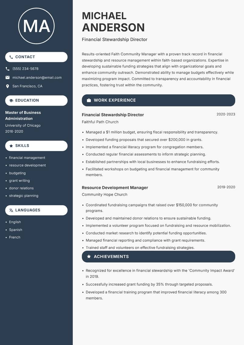 Faith Community Manager resume template — Compact