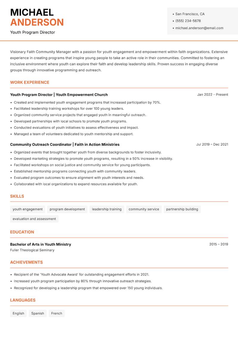 Faith Community Manager resume template — Modern Professional