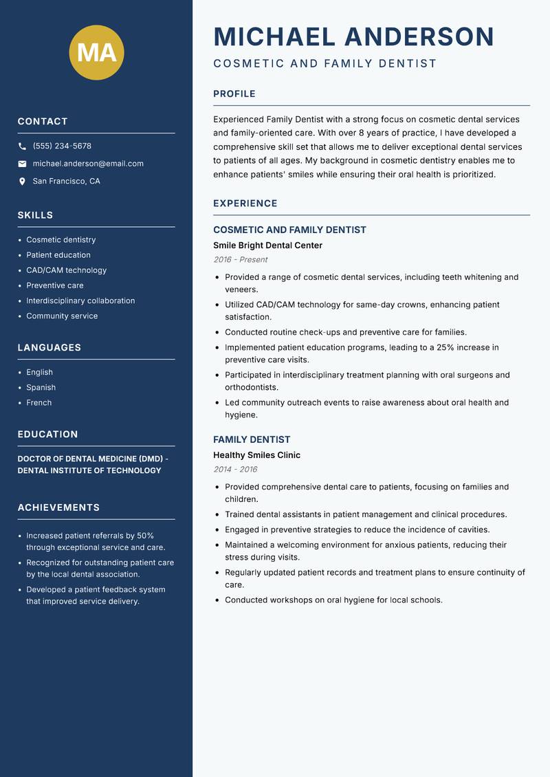 Family Dentist resume template — Classic Clean
