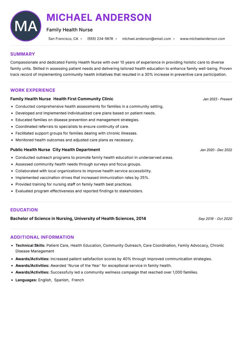 Family Health Nurse resume example — ATS-friendly template