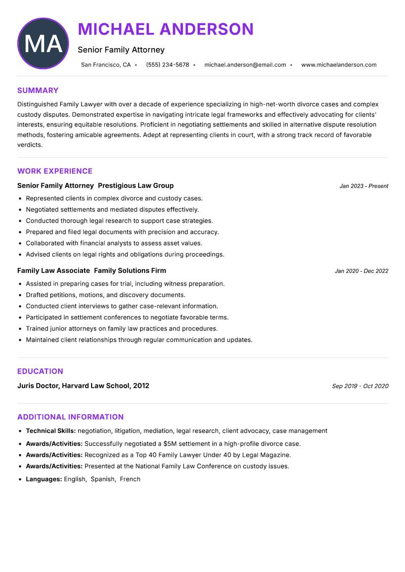 Family Lawyer resume example — ATS-friendly template