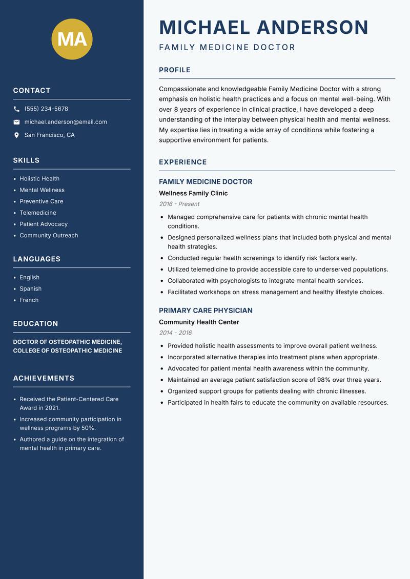Family Medicine Doctor resume template — Classic Clean