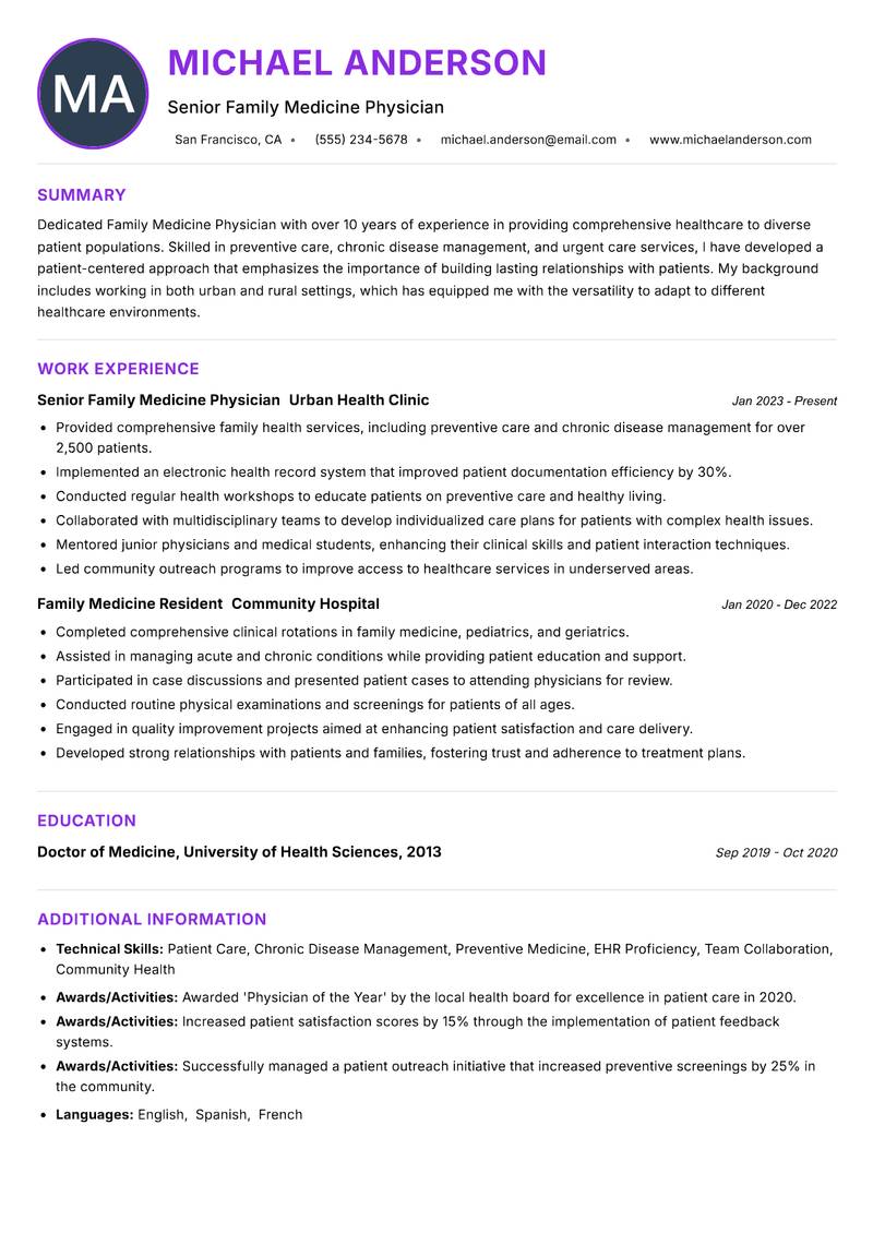 Family Medicine Physician resume example — ATS-friendly template