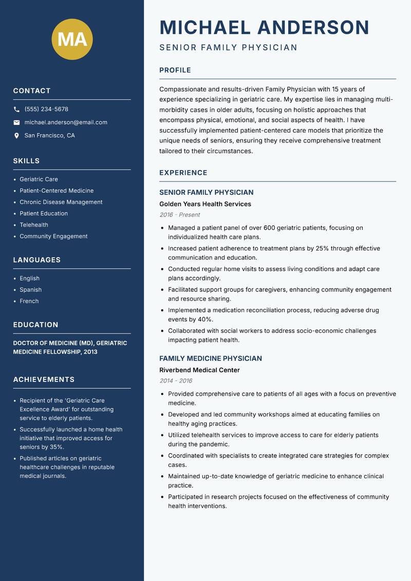 Family Physician resume template — Classic Clean