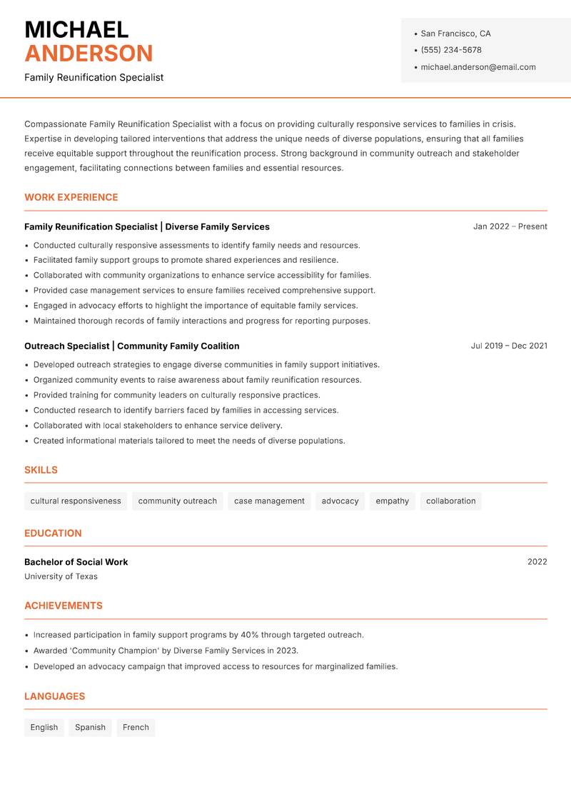 Family Reunification Specialist resume template — Modern Professional