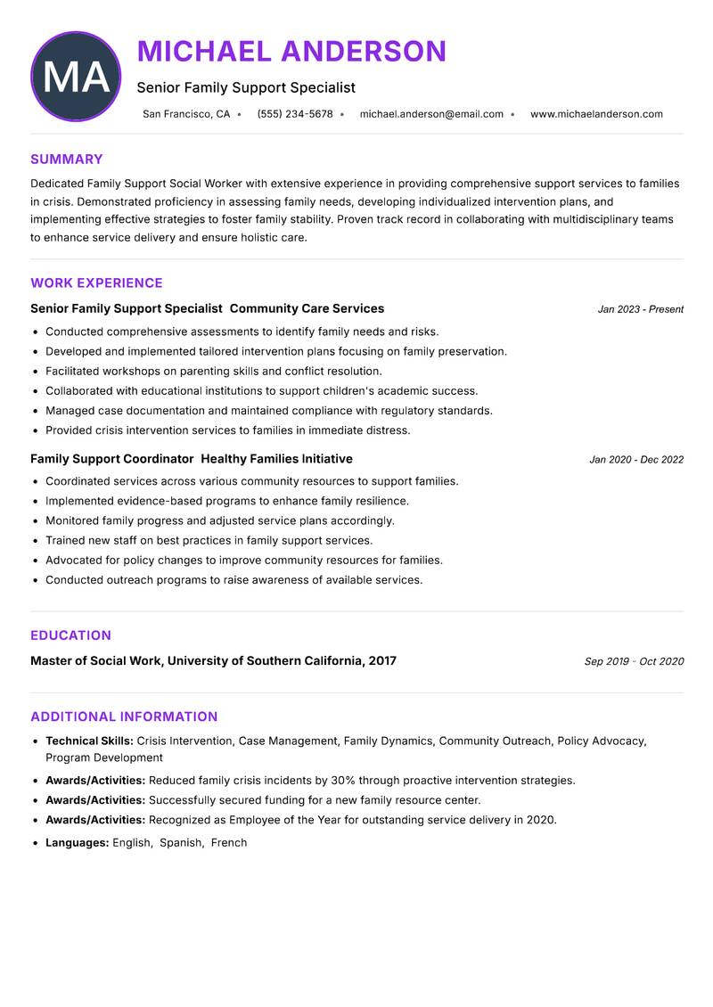 Family Support Social Worker resume example — ATS-friendly template
