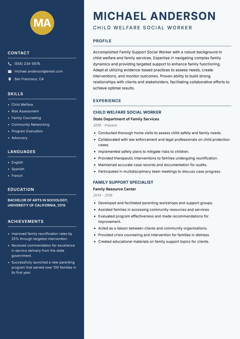 Family Support Social Worker resume template — Classic Clean