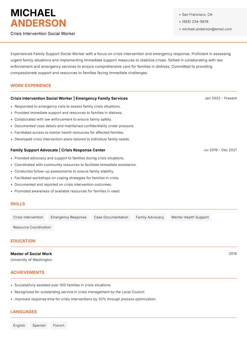 Family Support Social Worker resume template — Modern Professional