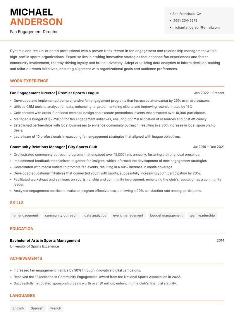 Fan Engagement Manager resume template — Modern Professional