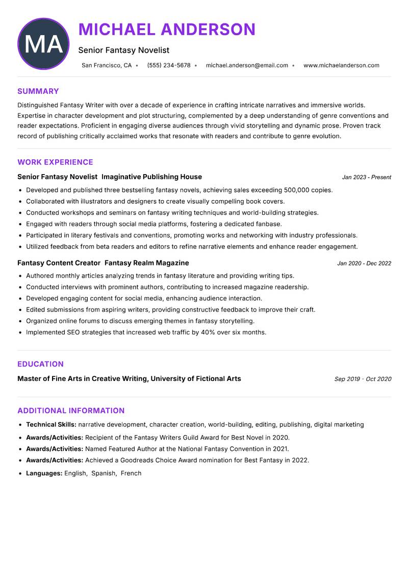 Fantasy Writer resume example — ATS-friendly template