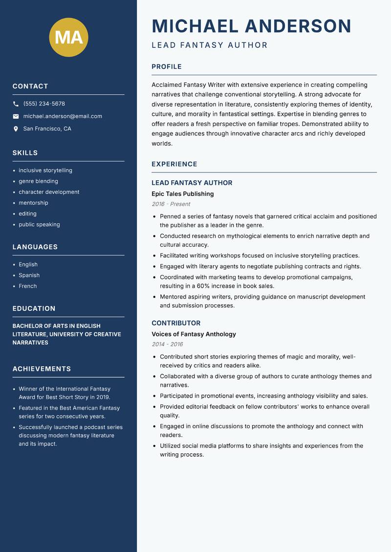 Fantasy Writer resume template — Classic Clean