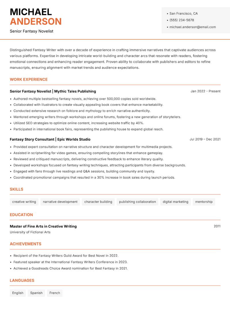 Fantasy Writer resume template — Modern Professional