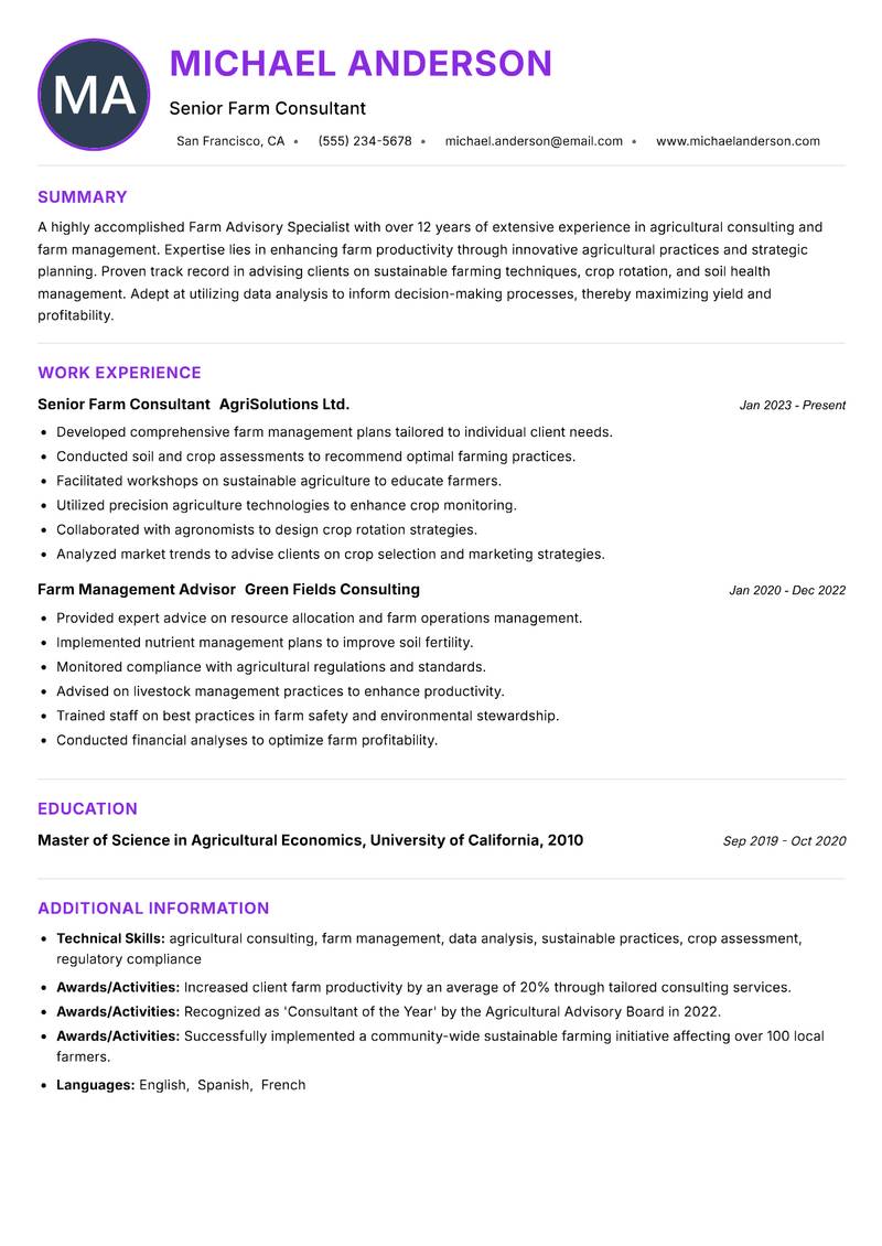 Farm Advisory Specialist resume example — ATS-friendly template