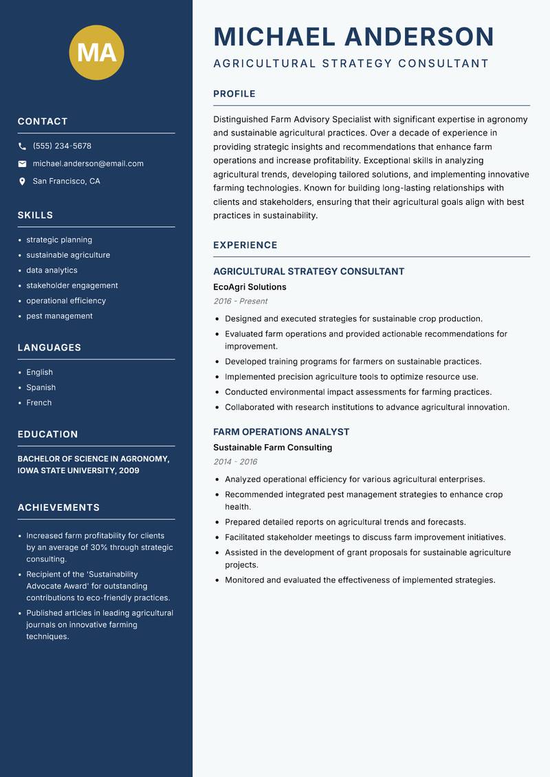 Farm Advisory Specialist resume template — Classic Clean