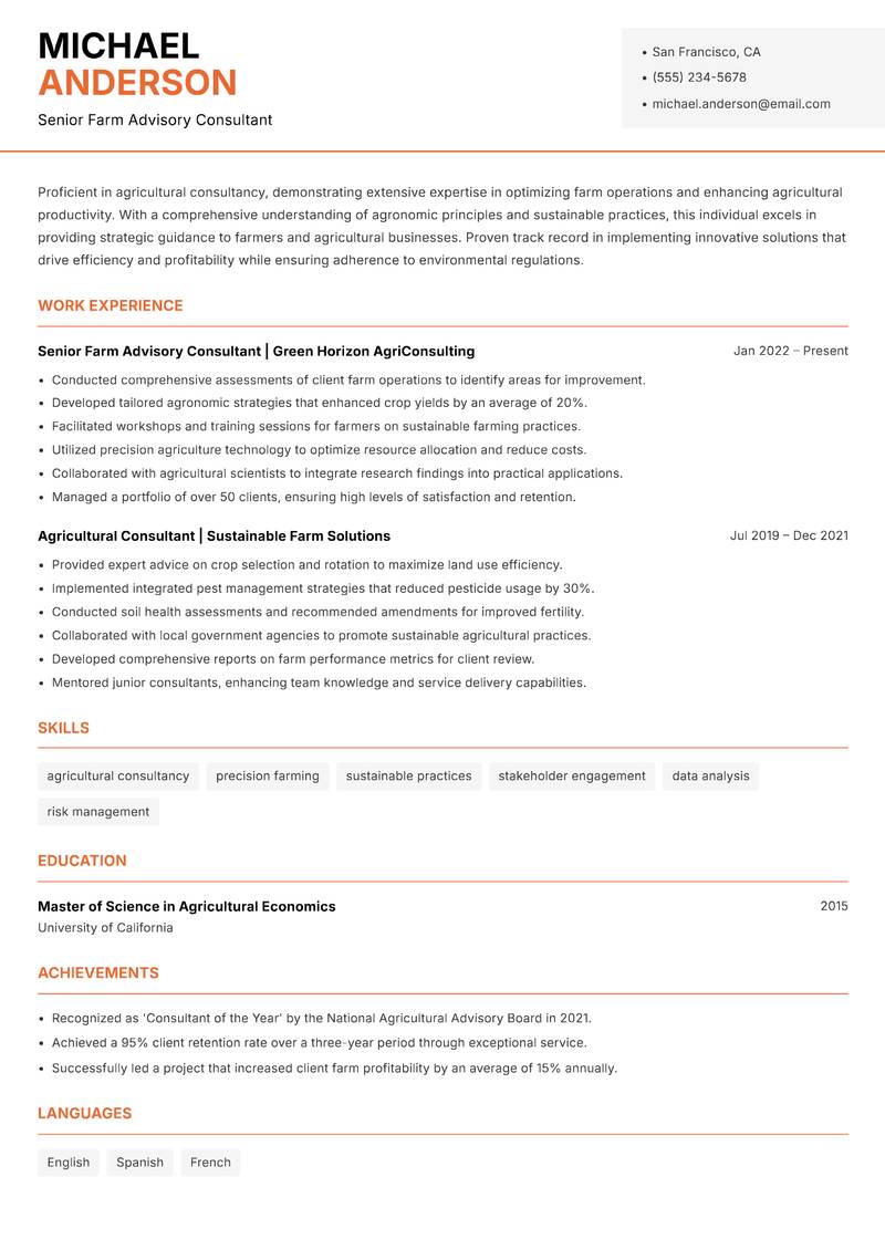 Farm Advisory Specialist resume template — Modern Professional