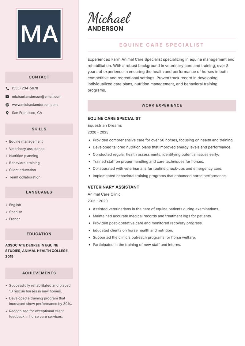 Farm Animal Care Specialist resume template — Executive