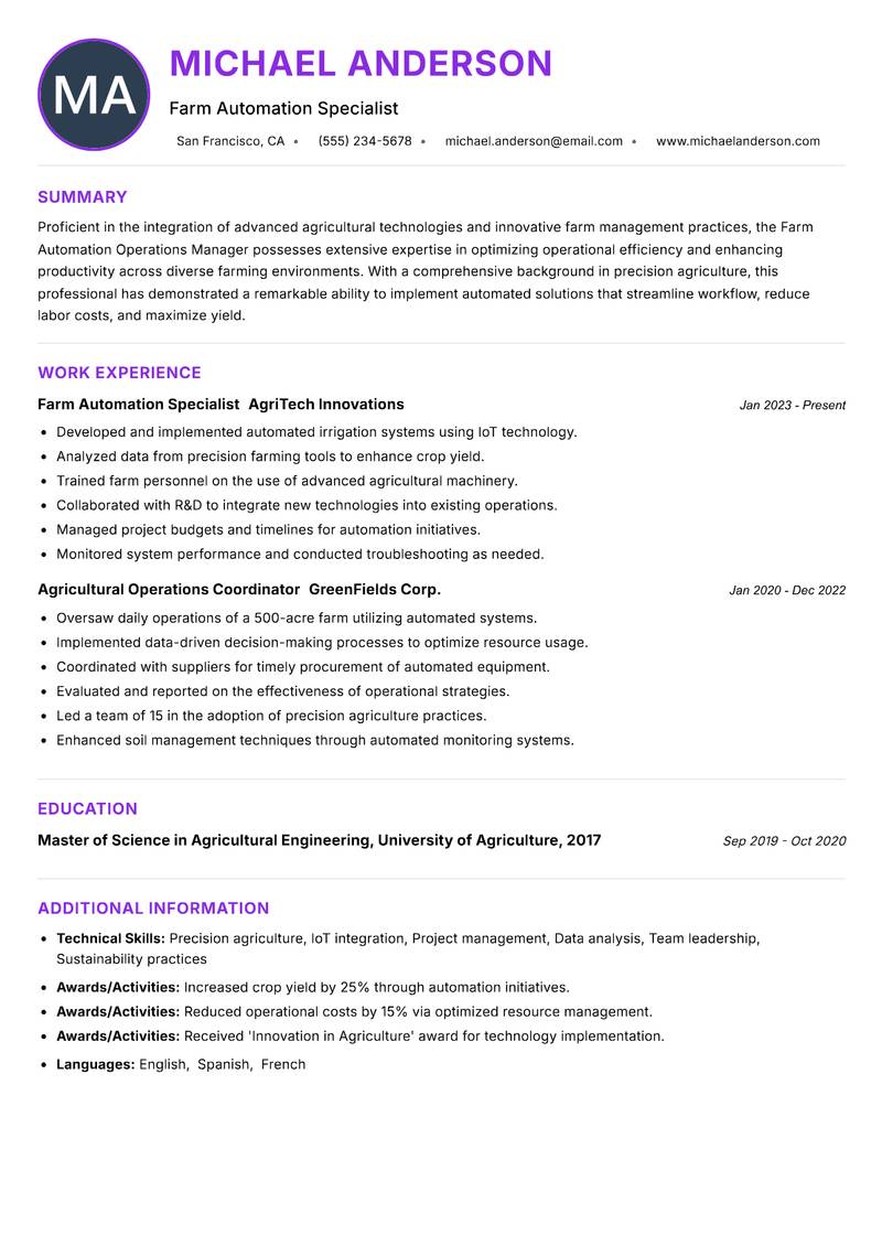 Farm Automation Operations Manager resume example — ATS-friendly template