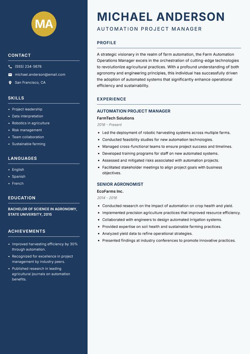 Farm Automation Operations Manager resume template — Classic Clean