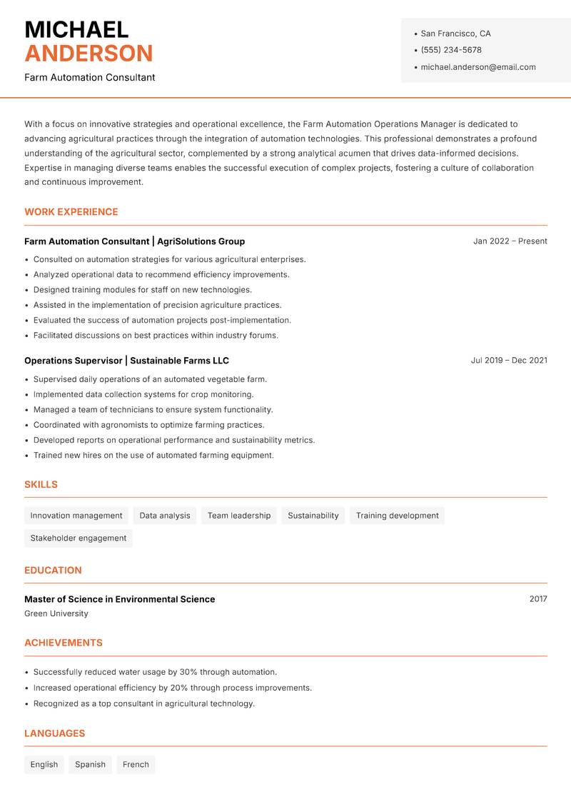 Farm Automation Operations Manager resume template — Modern Professional