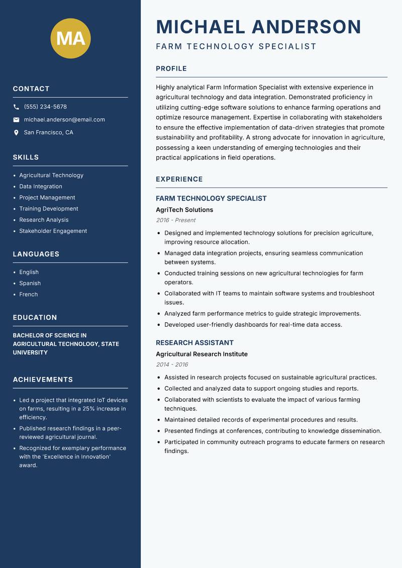 Farm Information Specialist resume template — Classic Clean