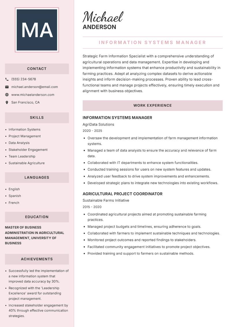 Farm Information Specialist resume template — Executive