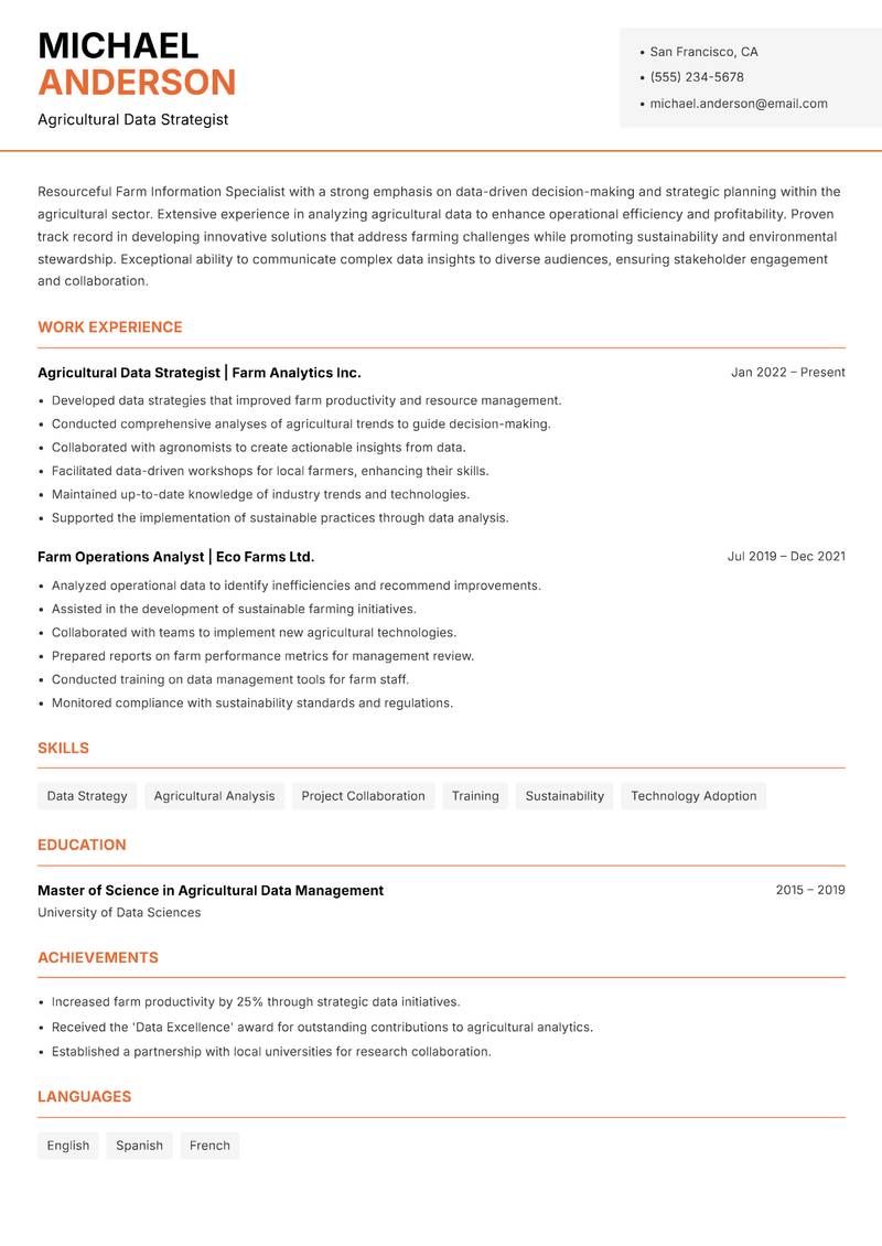 Farm Information Specialist resume template — Modern Professional