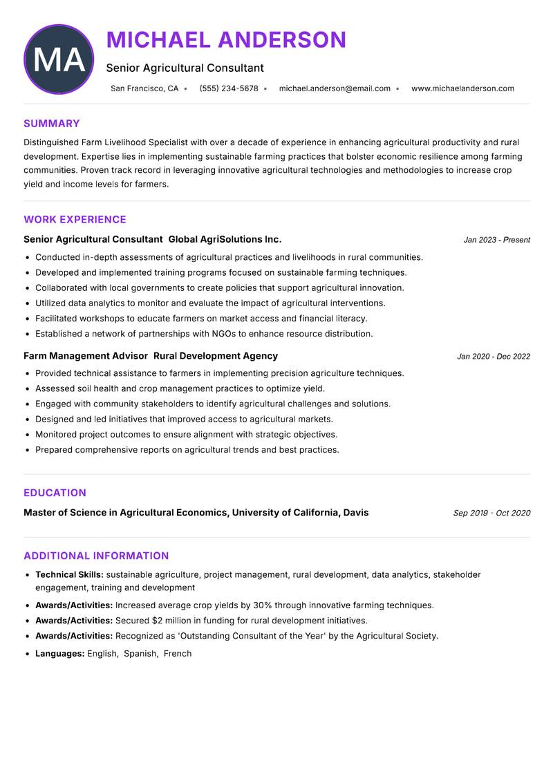 Farm Livelihood Specialist resume example — ATS-friendly template