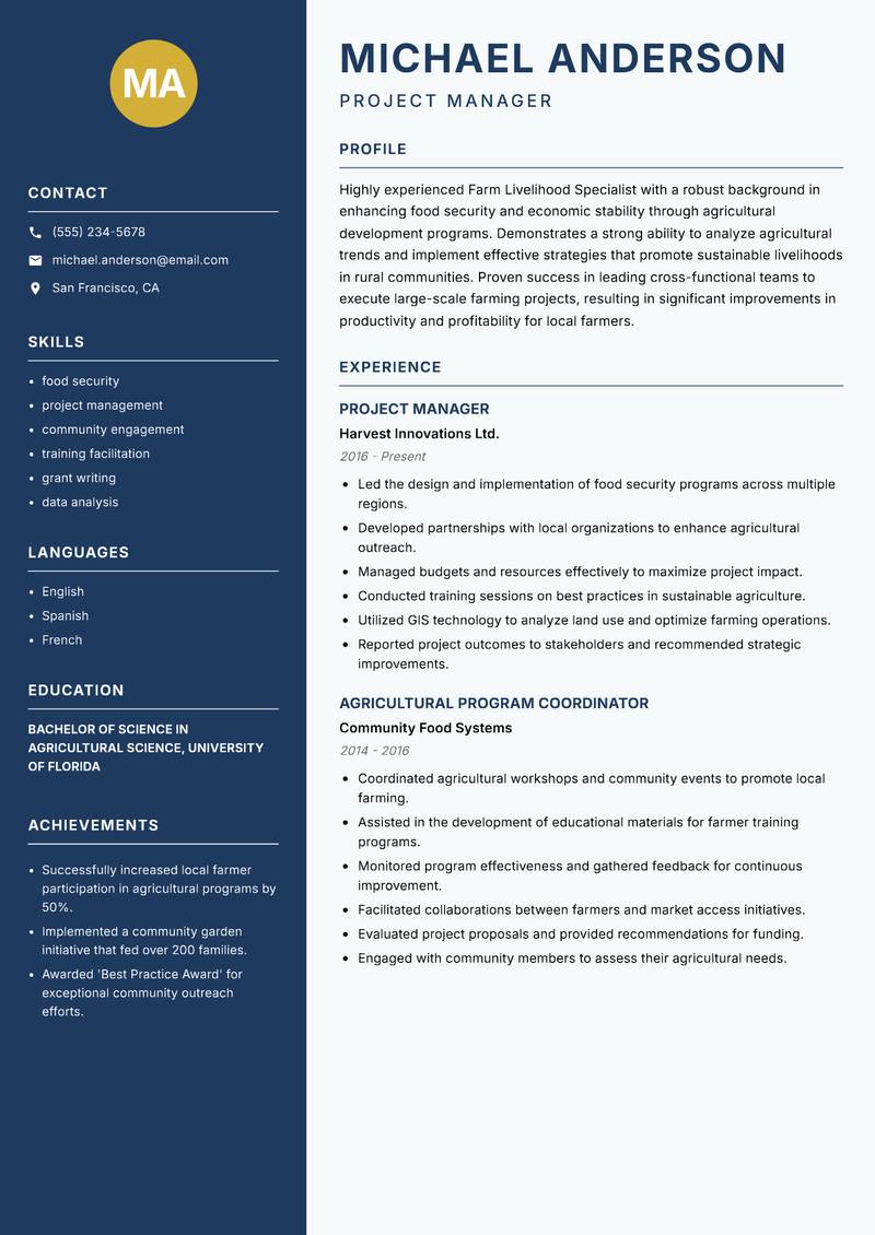 Farm Livelihood Specialist resume template — Classic Clean
