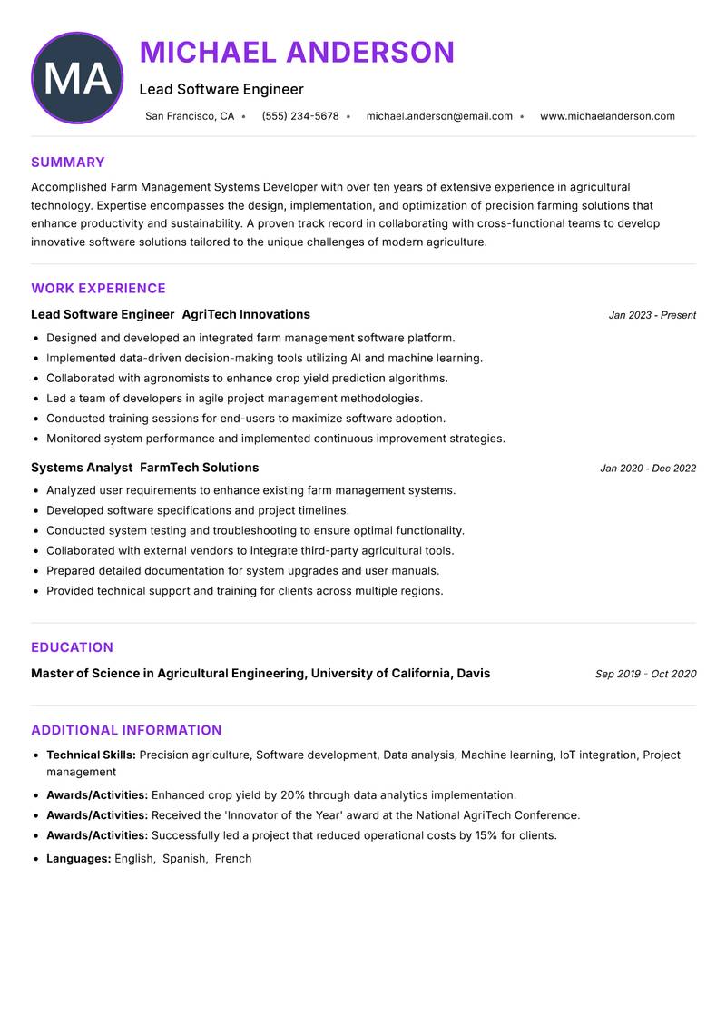 Farm Management Systems Developer resume example — ATS-friendly template